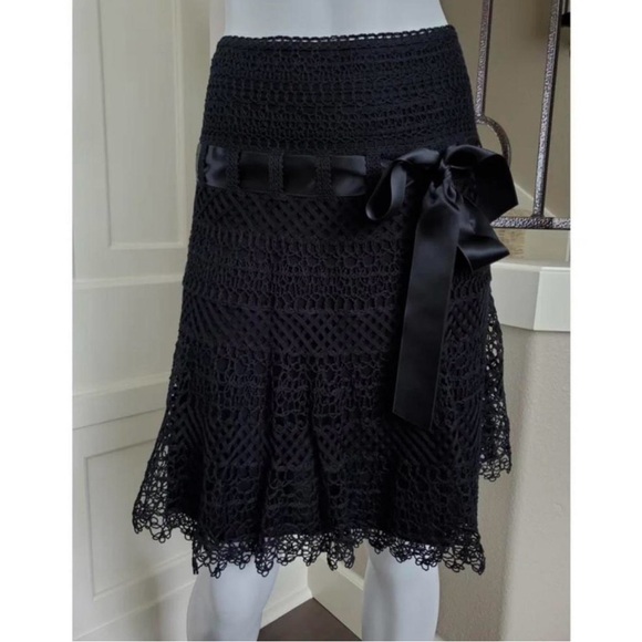 Valentino Elegant Black Crochet Skirt with Satin Ribbon